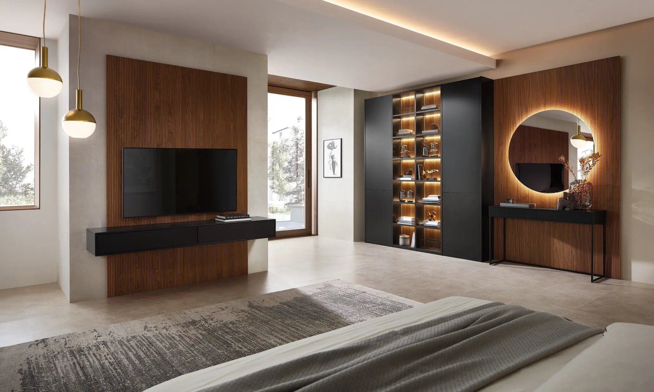 Sie sehen eine stylische Wohnwand mit schwarzen Fronten und Rückwand in Holz, Lowboard und beleuchtet Vitrinen